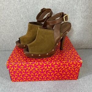 Tory Burch Bilson Heeled Clogs Shoes Brown Suede Leather Studded Womens Size 7